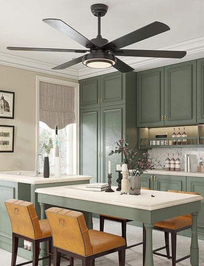 warmiplanet Ceiling Fans with Lights and Remote Control, 62 Inch, 6 Speeds Reversible DC Motor, 3 Color Dimmable Light, Timer, Noiseless, Black, 6 Blades