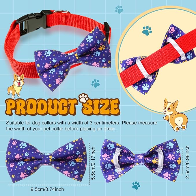 Hillban 50 Pieces Paw Print Dog Collar Bow Ties Colorful Paw Print Dog Collar Accessories Bow Ties Attachment with Elastic Bands Detachable Charms for Pets Collar Accessories Daily Costume-Mewly Pet
