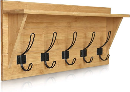 HBCY Creations Rustic Wall Mounted Coat Rack with Shelf - Solid Wood 24" Entryway Shelf with 5 Coat Hangers. Perfect Touch for Your Entryway, Mudroom, Kitchen, Bathroom and More, Bamboo