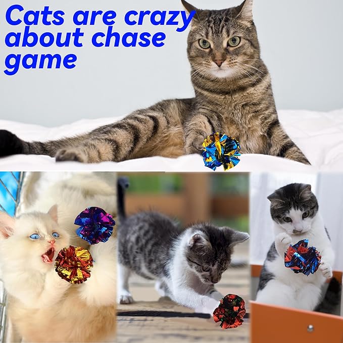 Cat Crinkle Ball Toys 10 Packs for Indoor Cats to Kill Time and Keep Fit, 2.3 Inch Colorful Mylar Crinkle Balls Attract Cats to Swat, Bite, Hunt, Interactive Toys for Cats and Kittens-Mewly Pet