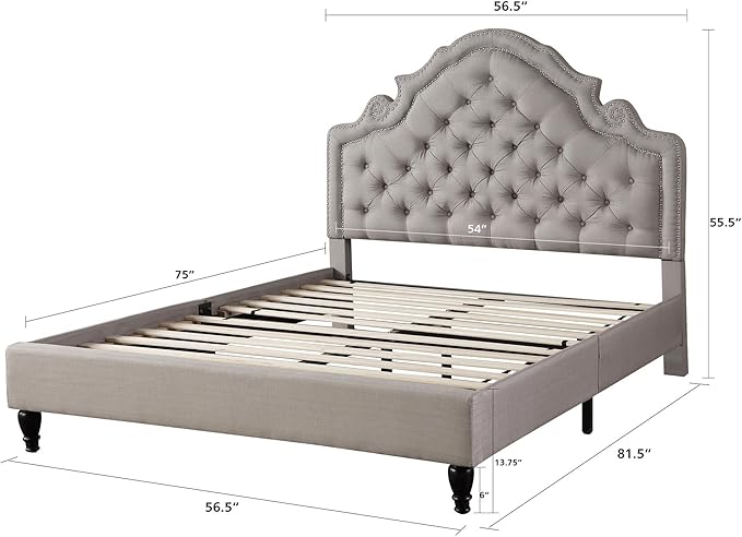 HomeLife Premiere Classics 51" Tall Platform Bed with Cloth Headboard and Slats - Queen (Light Grey Silver)