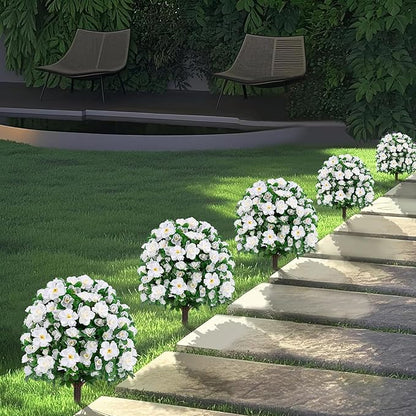 Artificial Boxwood Topiary Ball Trees with Ground Spikes UV Resistant Faux Greenery Shrubs Fake Shrubs for Outdoors, Realistic Faux Plants Bushes for Garden Porch Yard Patio Decor (White)