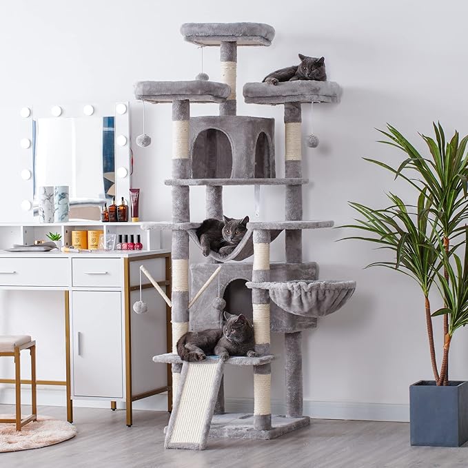 Hey-brother Cat Tree, 71 inches XL Large Cat Tower for Indoor Cats, Multi-Level Cat House with 3 Padded Perches, Big Scratcher, Cozy Basket, 2 Cat Condos and Scratching Posts, Light Gray MPJ034W-Mewly Pet
