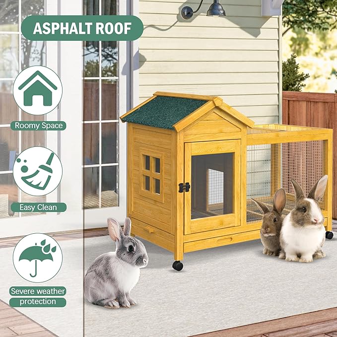 Wooden Rabbit Hutch with Waterproof Roof,Outdoor/Indoor Bunny Cage with Removable Slide-Out Bottom Tray, Chewproof Rabbit cage for Small-Medium Animals (Guinea Pigs, Hedgehogs)-Mewly Pet
