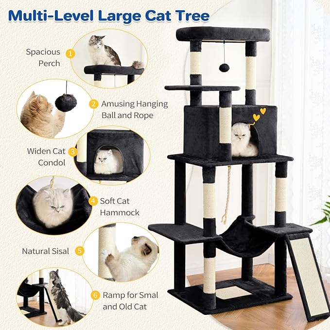 Cat Tree Tower 63in Multi-Level Cat Tower for Indoor Cats with Sisal Scratching Posts, Condo, Hammock, Dangling Ball and Extended Platform for Cats to Play, Black-Mewly Pet