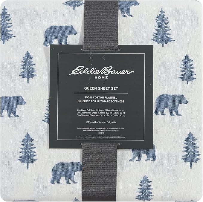 Eddie Bauer - Flannel Sheets Twin Size, Anti-Pilling & Wrinkle Resistant Cotton, Touchably Soft for All-Season Comfort - Bed Sheets with Matching Pillowcase & Fitted Sheet (Bears and Trees Blue)