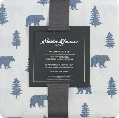 Eddie Bauer - Flannel Sheets King Size, Anti-Pilling & Wrinkle Resistant Cotton, Touchably Soft for All-Season Comfort - Bed Sheets with Matching Pillowcases & Fitted Sheet (Bears and Trees Blue)
