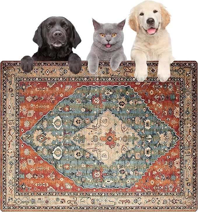 Large Boho Dog Food Mats for Floors, Absorbent Dog Bowl Mat for Food and Water Dispenser Mat, Quick Dry Cat Food Mat Pet Supplies (Dark Vintage, 36 * 24)-Mewly Pet