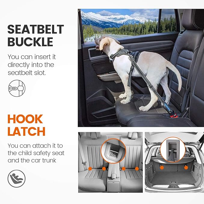 IOKHEIRA Dog Seatbelt, Updated Adjustable Harness Reflective Bungee Dog Car Seat Belt with Aviation Aluminum Alloy Rotatable Carabiner, Hook & Buckle-Mewly Pet