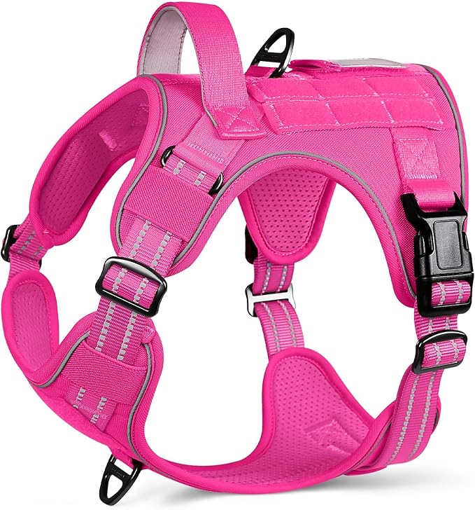 rabbitgoo Dog Harness for Large Dogs No Pull, Tactical Service Pet Vest with Molle and Control Handle, Adjustable and Reflective Military Harness for Easy Walking and Training, Rose Red, L-Mewly Pet