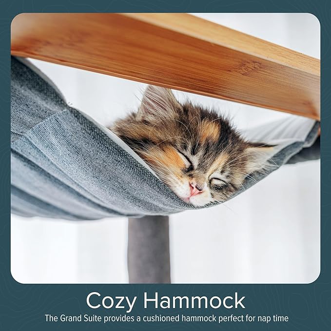 Ascentials - Grand Suite Cat Scratcher Playground - Tall Cat Tower Playground Structure, Sisal Scratching Areas, Grey Felt, Bamboo Veneer w/Linen & Velvet Surface Areas-Mewly Pet