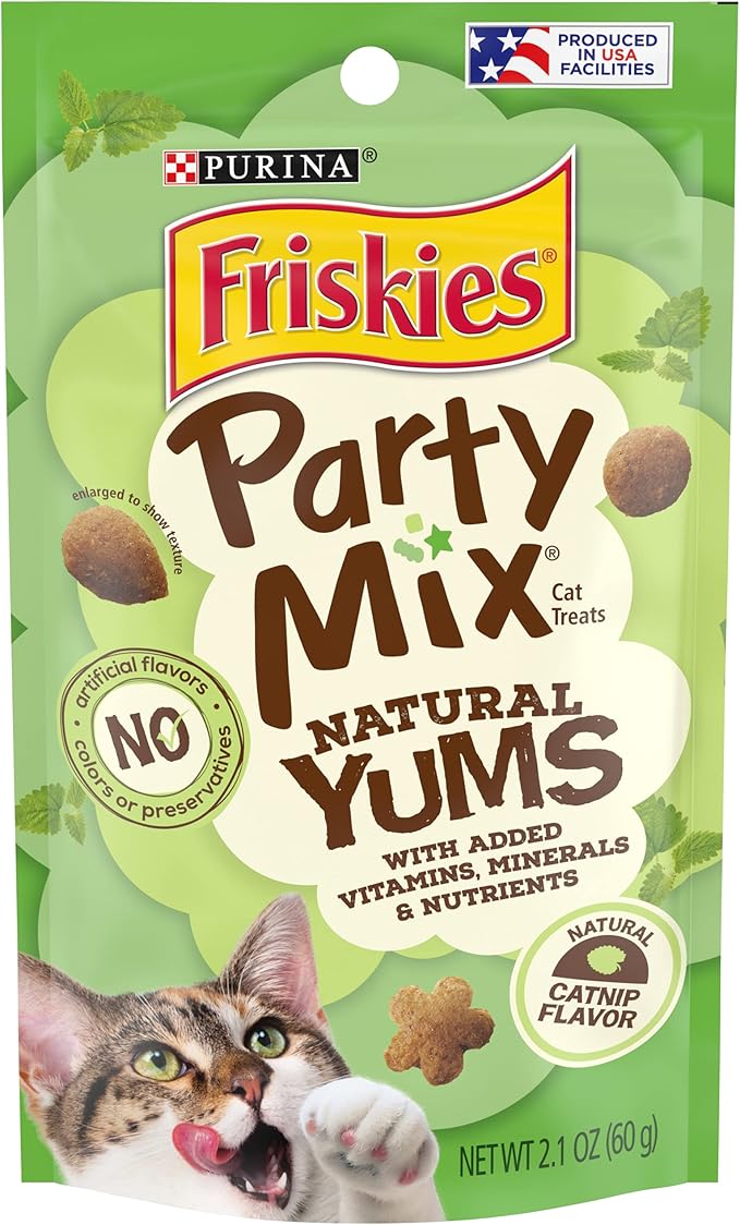 Purina Friskies Made in USA Facilities, Natural Cat Treats, Party Mix Natural Yums Catnip Flavor - (Pack of 10) 2.1 oz. Pouches-Mewly Pet