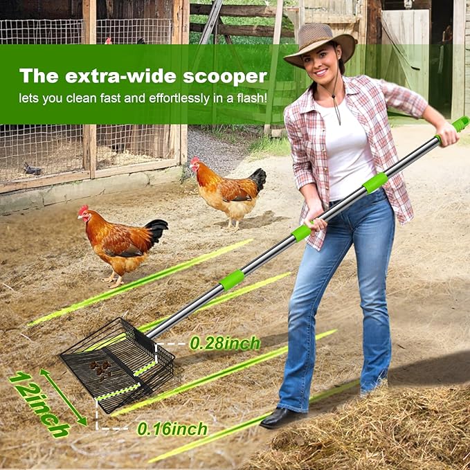 12inch Large Chicken Poop Scooper，2 Widths of Slots Litter Sifting Shovel （23 to 66"），Chicken Coop Litter Scoop with Stainless Steel Handle, 4 in 1 Multifunctional Heavy Duty Chicken Coop Accessories-Mewly Pet