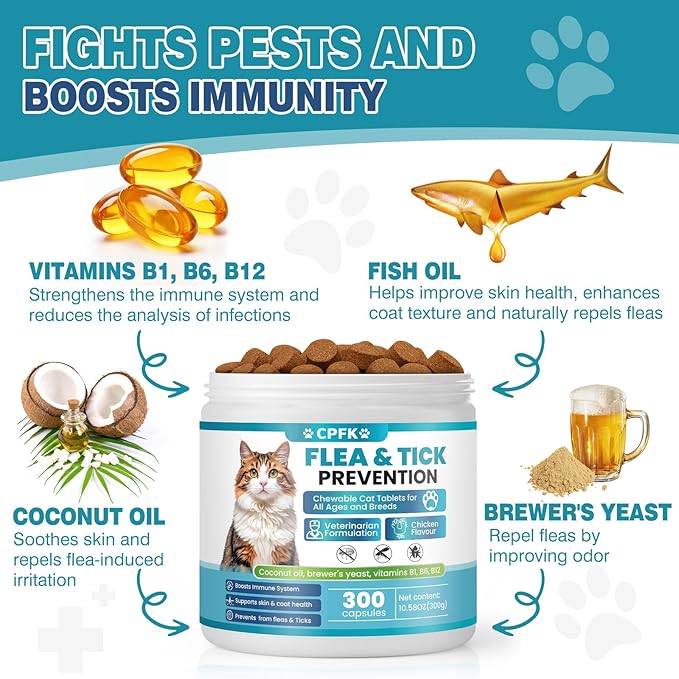Chewable Flea Treatment for Cats Flea and Tick Prevention for Cats Chewables Fleas Chewables for Cat of All Breeds and Ages 300 Chewable Tablets-Mewly Pet