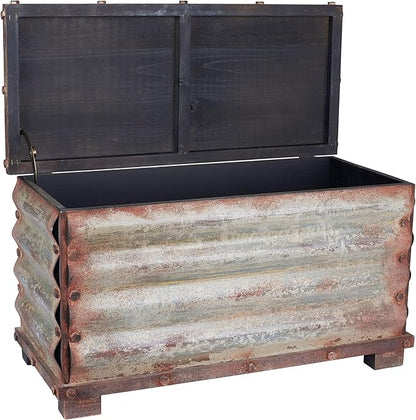 Household Essentials Decorative Trunk, Rustic, Large, Wood Frame and Metal Siding, Spacious and Handmade, Fully Opening Lid, Black Interior, Driftwood and Silver