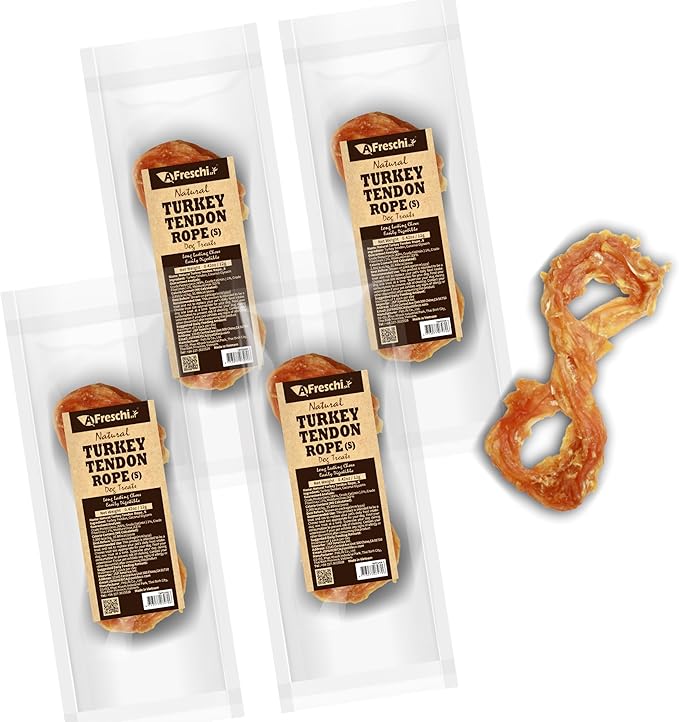 Afreschi Natural Turkey Tendon Rope (S) Pack of 4, Dog Treats for Signature Series, All Natural Human Grade Puppy Chew, USA-Sourced Turkey Tendon, Hypoallergenic, Rawhide Alternative-Mewly Pet