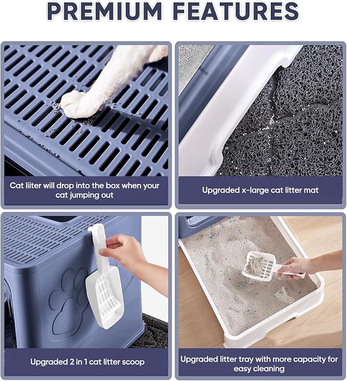 Cat Litter Box with X-Large Litter Mat and Scoop, Large Foldable Litter Box with Lid, Enclosed Kitty Box,Front Top Entry Exit, Odor Control Easy to Clean (Upgrade Midnight)-Mewly Pet