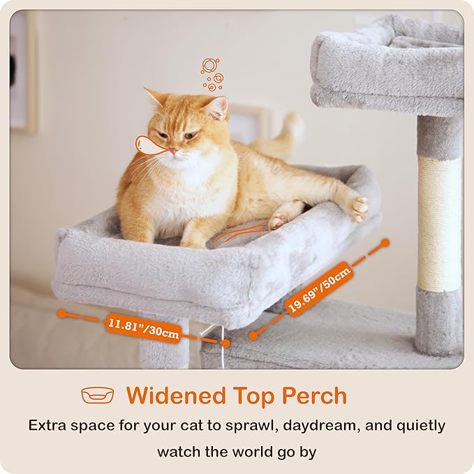 Ouritsu Cat Tree, 61 inch Tall Cat Tower for Large Cat Indoor, Enlarged Condo, 2 Padded Perches with 1 Widened, Large Hammock, Scratching Post and ramp, Fluffy Basket, Light Gray, LF002GA