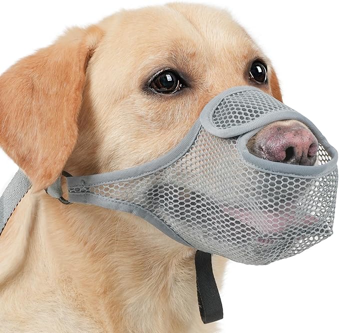 LUCKYPAW Dog Muzzle for Large Medium Small Dogs, Patented Mesh Muzzle to Prevent Biting Chewing Eating, Soft Mouth Guard with Front Opening Design for Drinking Panting(Grey, L)-Mewly Pet