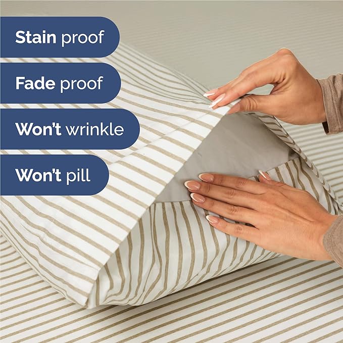Full 6 Piece Sheet Set - Comfy Breathable & Cooling - Soft Hotel Luxury Bedding Set with 8-16 Inch Deep Pockets - 1 Flat & 1 Fitted Sheet & 4 Pillowcases - Wrinkle Free & Easy Care - Beige Stripes 2