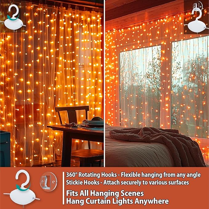 HXWEIYE 300LED Fairy Curtain Lights, 9.8x9.8Ft USB Plug-in 8 Modes Christmas String Hanging Lights with Remote for Bedroom Backdrop Wedding Party Indoor Wall Decor, Orange, Standard