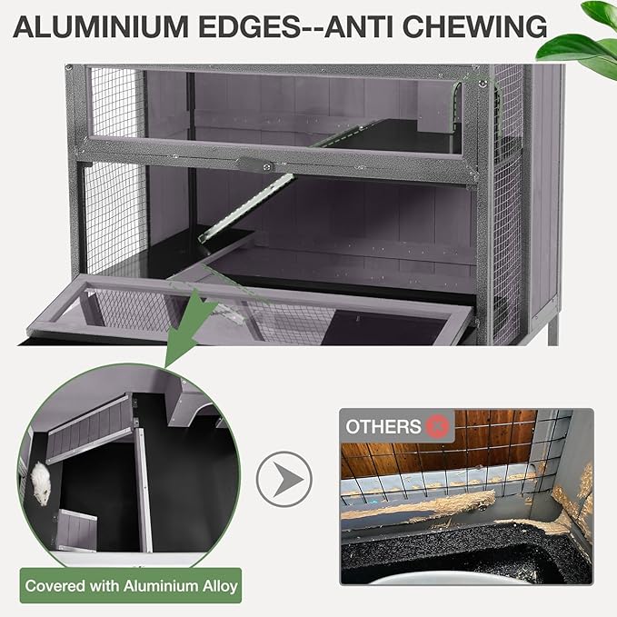 Guinea Pig Cage, Moveable Metal Frame Hamster Cage Anti-Chewing with Aluminium Alloy Edge, Hideouts, Ramps, Seesaws Chewing Toy, Deeper Pull-Out Leakproof Tray for Indoor Outdoor(Grey-Mewly Pet