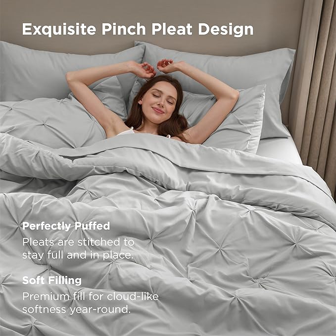 Bedsure Twin XL Comforter Set - Extra Long 5 Pieces Dorm Bedding Sets, GentleSoft™ Pinch Pleat Light Grey Bed in a Bag with Pintuck Comforter, Sheets, Pillowcase & Sham