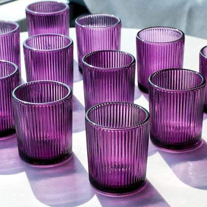 VOHO 12pcs Purple Votive Candle Holders for Christmas Holiday Decorations, Vintage Glass Votive Candle Holder for Coffee Table Centerpiece, Ribbed Tealight Candle Holder for Birthday Gifts