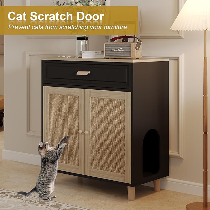 Cat Litter Box Enclosure Furniture Hidden Indoor 2-in-1 Wooden Cat House & Washroom Cabinet with Scratching Board Doors and Drawer, 31.5"x15.7"x34.6"H - Black-Mewly Pet