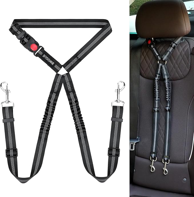 BWOGUE Double Dog Cat Seat Belts, Car Headrest Restraint Adjustable Travel Leash,Safety Elastic Leads Splitter Connect Vehicle Seatbelt Harness for 2 Dogs-Mewly Pet