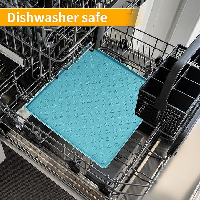 Ptlom Dog Food Mat Anti-Slip Bowl Mats for Food and Water, Waterproof Silicone Pet Placemat with High Raised Edges, Non-Slip Puppy Feeding Tray for Small, Medium Large Cats Dogs, Blue, 11.8"x11.8"-Mewly Pet