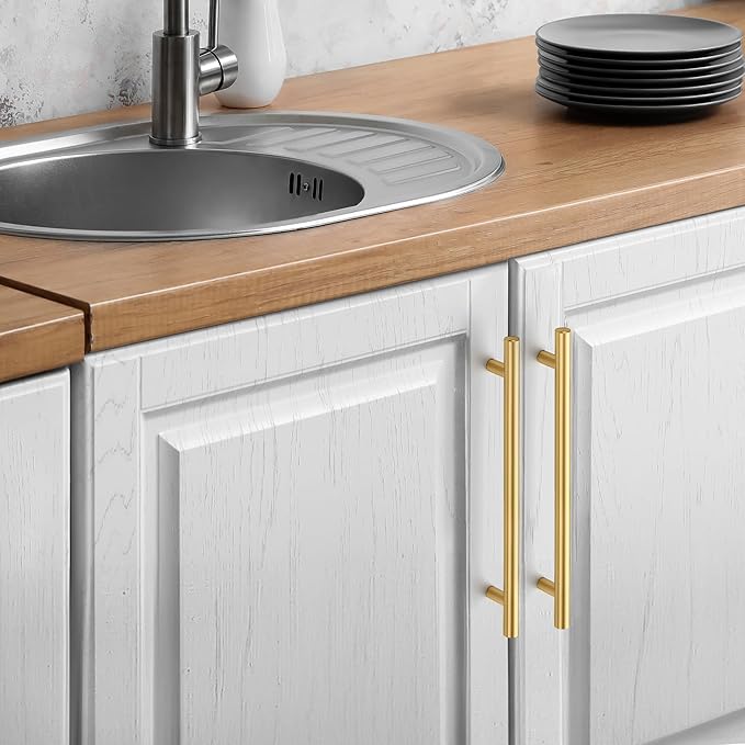 JOY DECOR 45 Pack Cabinet Handles, Gold Cabinet Pulls, 7-1/2 in Hole Center Kitchen Cabinet Handles, Stainless Steel T Bar Handles for Dresser Drawers