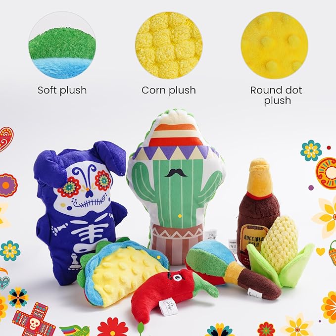 Nocciola Mexican Style Squeaky Dog Toys, Cute Soft Plush Stuffed Crinkle Chew Puppy Toys for Small Medium Breed, 8 Packs-Mewly Pet