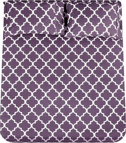 Mejoroom King Bed Sheet Set - Super Soft Brushed Microfiber 1800 Thread Count Sheets with 15 inch Deep Pocket - Wrinkle Free - 4 Piece (King, Purple Quatrefoil with White Pattern)