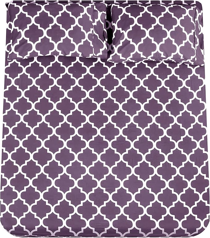 Mejoroom Queen Bed Sheet Set - Super Soft Brushed Microfiber 1800 Thread Count Queen Sheets with 16 inch Deep Pocket - Wrinkle Free - 4 Piece(Queen, Purple Quatrefoil with White Pattern)