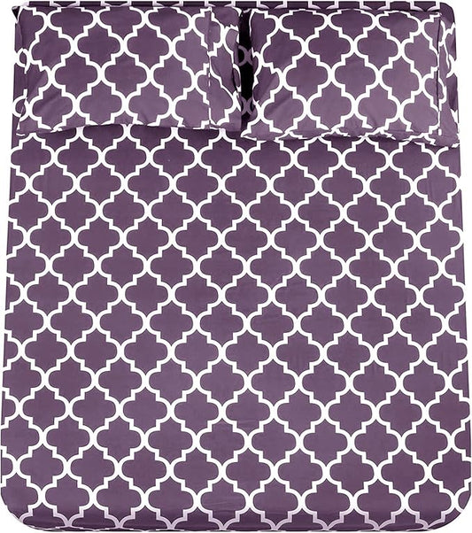 Mejoroom Queen Bed Sheet Set - Super Soft Brushed Microfiber 1800 Thread Count Queen Sheets with 16 inch Deep Pocket - Wrinkle Free - 4 Piece(Queen, Purple Quatrefoil with White Pattern)