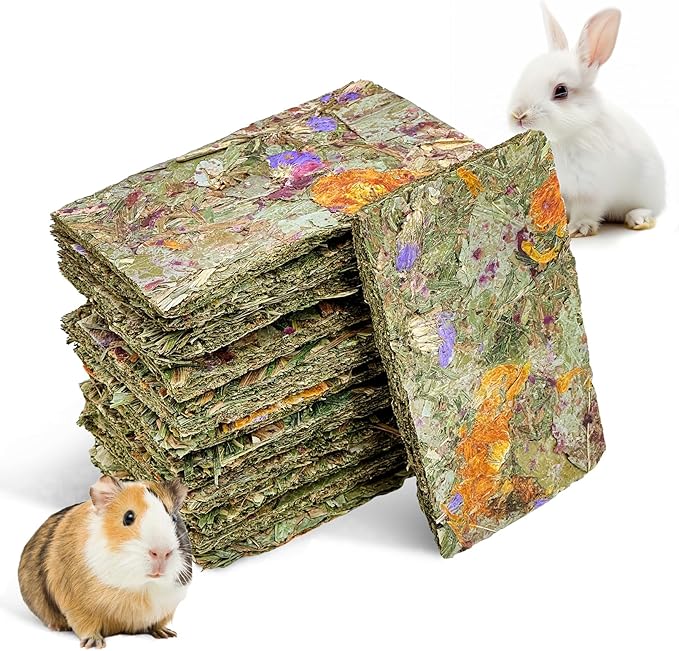 Fhiny 12 PCS Rabbit Timothy Hay Chips Toys, Natural Bunny Molar Treats with Herbal Flowers Rabbit Chew Toys for Teeth Small Animal Snacks for Rats Chinchillas Guinea Pigs Hamsters-Mewly Pet