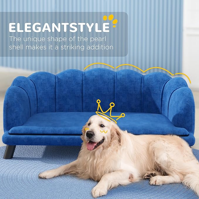 PawHut Velvet Large Dog Couch with Foam Cushion, Soft and Cute Bed with Pearl Design, Sofa for Big and Medium Dogs, Dark Blue-Mewly Pet