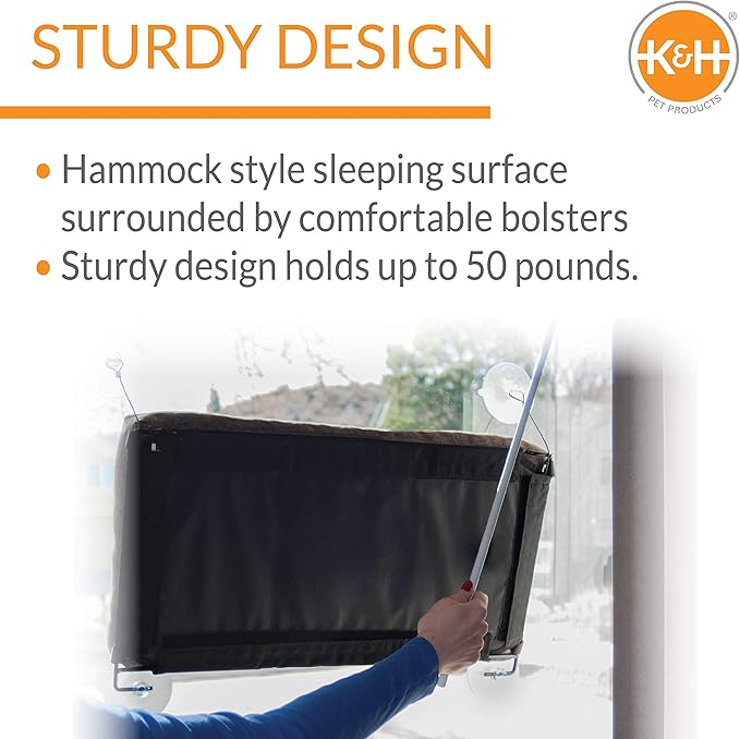 K&H Pet Products EZ Mount Bolster Cat Window Perch for Large Cats, Sturdy Kitty Window Hammock Bed, Steel Frame, Sturdy Suction Cups, Washable Shelf Covers, Foldable - Fits 27"W X 23"H Glass Spaces-Mewly Pet