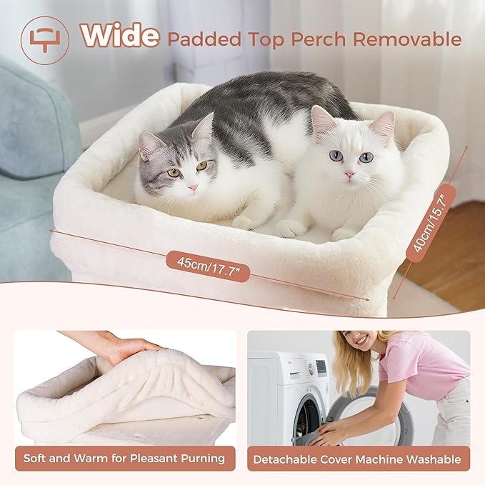 Cat Tree with Large Top Bed 17.7x15.7” Small Cat Tower with Dual Condos,28” Fully Scratching Post and Self Groomer for Indoor Cats-Beige-Mewly Pet