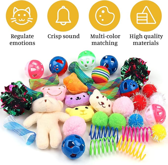 Kitten Toys - 38PCS Cat Play Set, Sparkle Balls, Plush Pom Pom Balls, Hanging Door Toy, Gift Box Styles-Mewly Pet