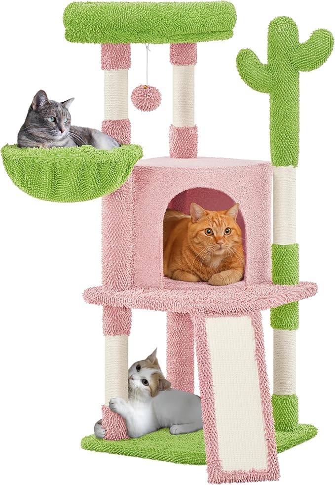 Yaheetech Cactus Cat Tree, 42in Cat Tower for Indoor Cats, Multi Level Kitten Condo Scratching Post, Pet Activity Center Furniture w/Ball, Plush Perch, Platform, Basket, Pink/Green-Mewly Pet