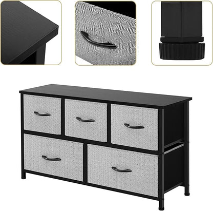 AZL1 Life Concept Extra Wide Dresser Storage Tower with Sturdy Steel Frame,5 Drawers of Easy-Pull Fabric Bins, Organizer Unit for Bedroom, Hallway, Entryway, Grey with Black