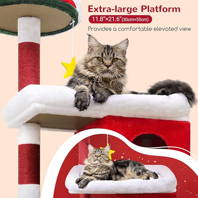 Globlazer Heavy Duty Cat Trees for Large Cats, Sturdy 72in Maine Coon Cat Tree for Large 20 lbs+ Heavy Duty Cat Tower for Adult Biggest Cats with 6 Scratching Posts, Hammock, S72, Red White Green-Mewly Pet