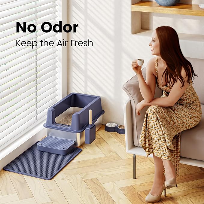 Stainless Steel Cat Litter Box - Enclosed XL Metal Kitty Litter Box with Lid for Big Cats, High Sided, Anti-Leakage, Easy Cleaning, Non-Sticky, Included Litter Mat, Cat Bowl & Spoon-Mewly Pet