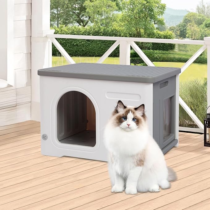 Rockever Plastic Cat House Outdoor with Escape Door, Waterproof Feral Cat House Outdoor Indoor, Sturdy Cat House for Outdoor Cats, Assemble Easily-Grey-Mewly Pet