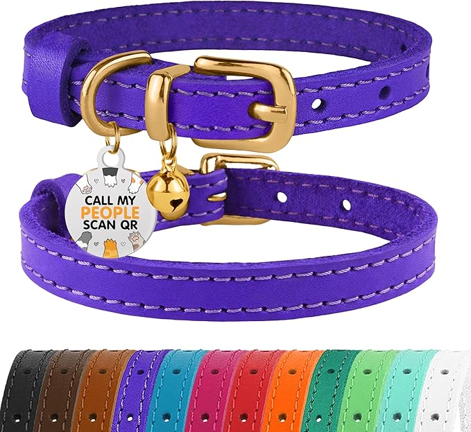 BRONZEDOG Leather Cat Collar with Removable Bells Non Breakaway Kitten QR Tag for Girl Boy (7" - 9" for Cats, Purple & Gold)-Mewly Pet