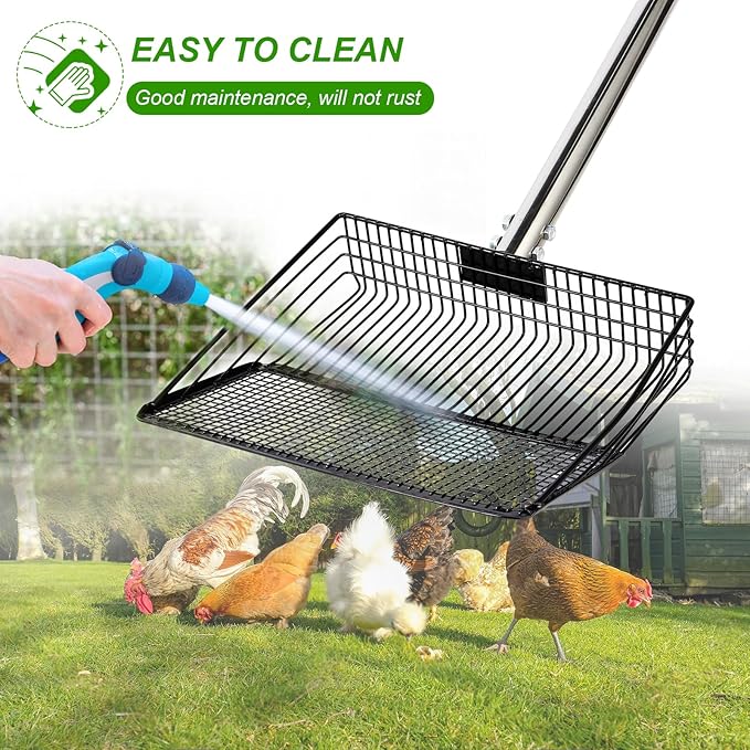 10inch Large Metal Chicken Poop Scooper, 36" to 75" Long Chicken Coop Litter Scoop with Stainless Steel Adjustable Handle, 4 in 1 Detachable Litter Sifting Shovel Scoop for Chicken Coop Accessories-Mewly Pet