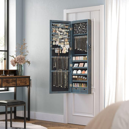 SONGMICS 6 LEDs Mirror Jewelry Cabinet, 47.2-Inch Tall Lockable Wall or Door Mounted Jewelry Armoire Organizer with Mirror, 2 Drawers, Christmas Gift, 3.9 x 14.6 x 47.2 Inches, Rustic Blue