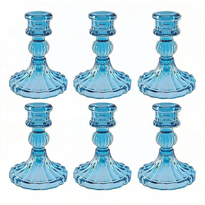 Glass Candlestick Holder,Striped Taper Candle Holders,Set of 6 Candle Stand for Table Centerpieces, Home Decor,Weddings,Festival and Parties (Blue Stripe Pattern)